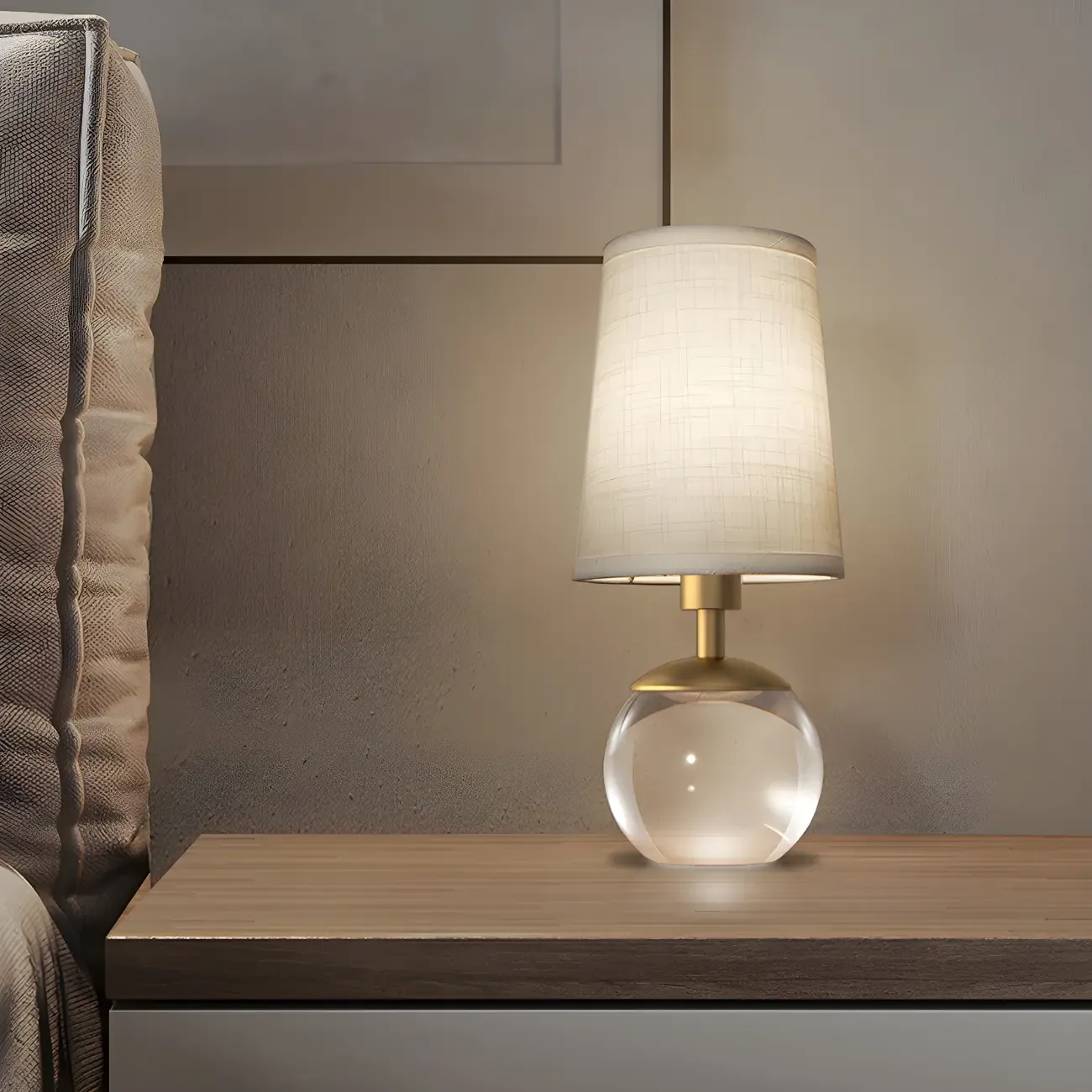 Elegant Clear Glass Bedside Lamp White Geomatric Shade