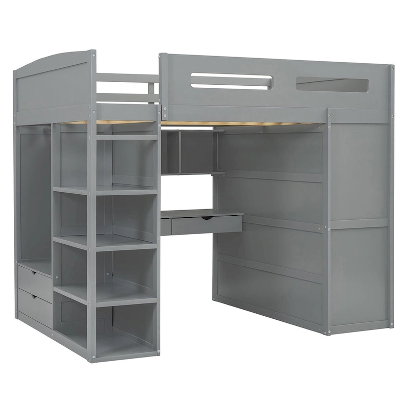 Merax Loft Bed with Desk, Wardrobes, 4 Drawers and 4 Shelves