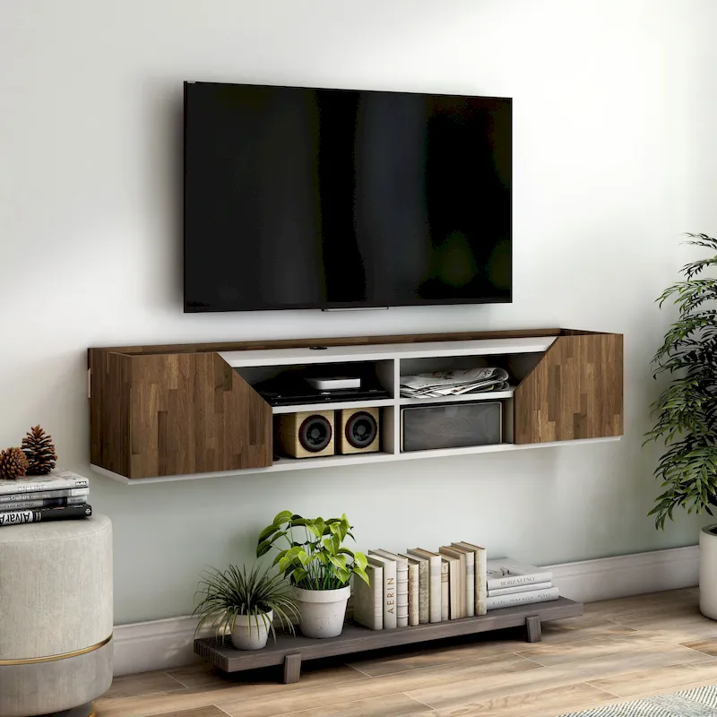 61-Inch Two-Tone White Floating TV Stand with 4 Shelves, Transitional Style Media Console