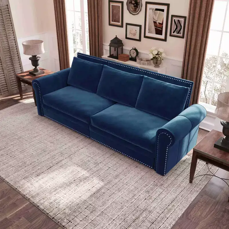 MAYEERTY 93.7 King Pull Out Sofa Bed, 3-in-1 Velvet Convertible Sleeper Sofa with Nailhead Trim& Rolled Arm Blue