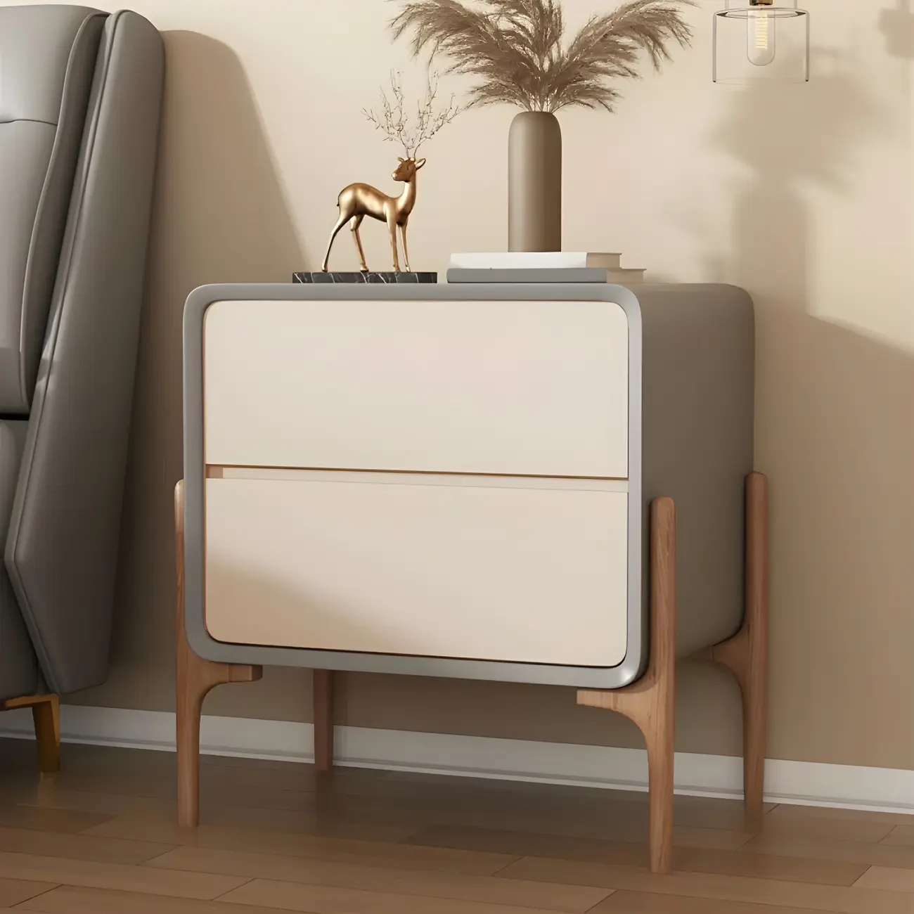 Morandi Cubic Leather Wood Small Bedside Table