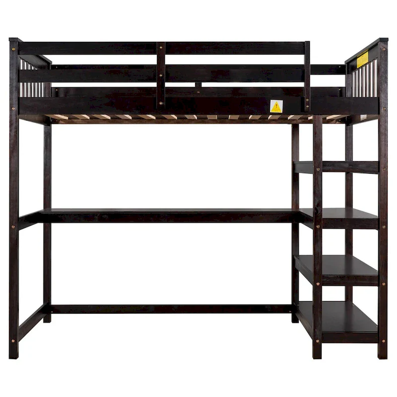 Espresso Solid Wood Loft Bed with Integrated Desk, Storage Shelves, Stable Guardrails