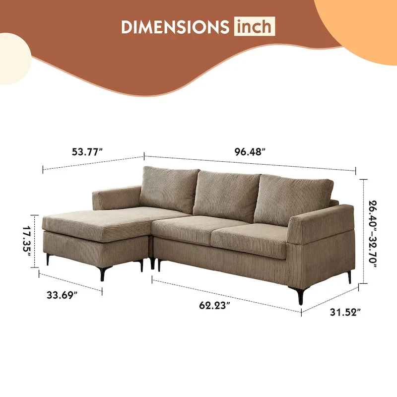 HOOOWOOO Living Room L-Shaped Polyester Fabric Reversible Chaise Sofa