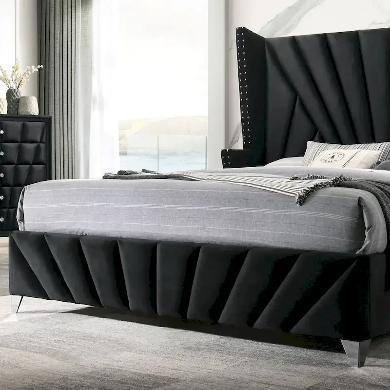 Ambrosia Glam Black Fabric Upholstered Nailhead 5-Piece Panel Bedroom Set by Furniture of America