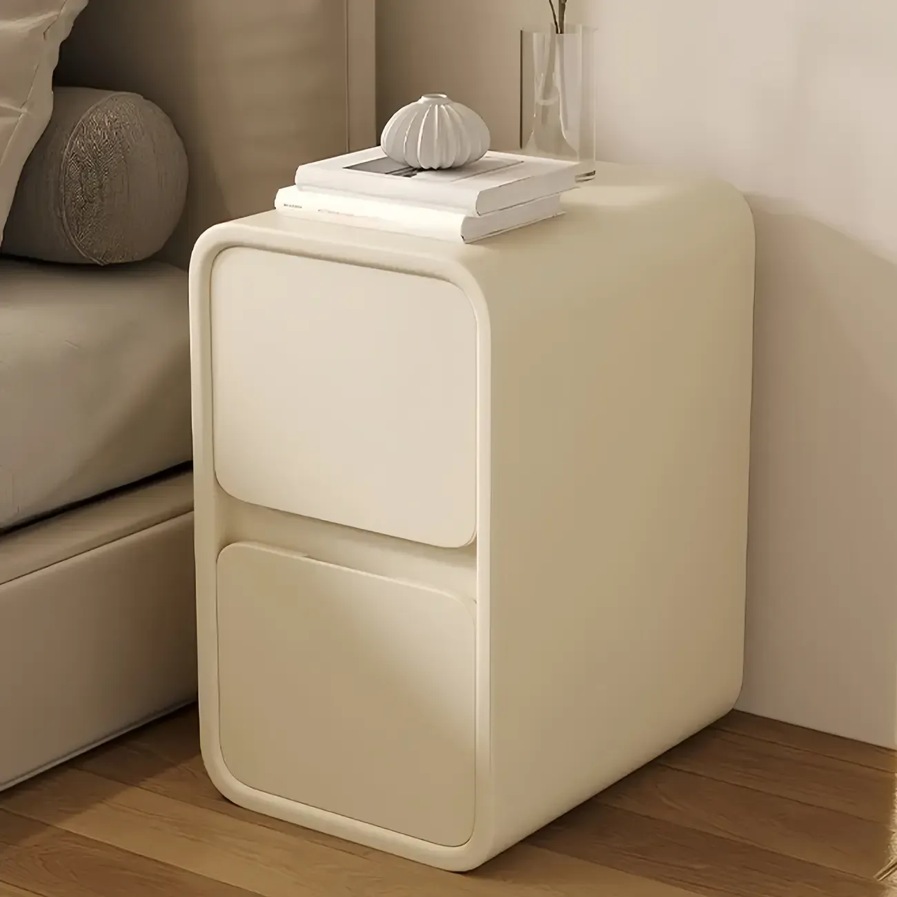 Simplistic Beige Leather 2 Tiers Nightstand with Drawers