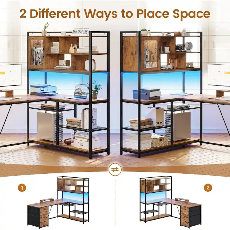 L Shaped Computer Desk 58 Office Desk with 3 Drawers and Bookshelf