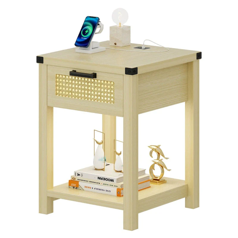 End Table - LED Light, USB & Type-C Charging, Motion Sensor, Rattan Drawer, Farmhouse, 150 lbs