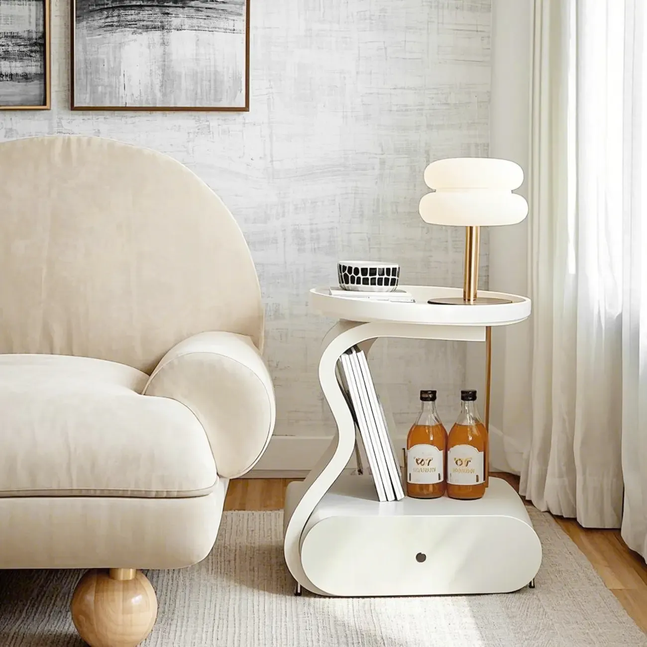White Round Elegant Modern Wood Drawer Coffee Table