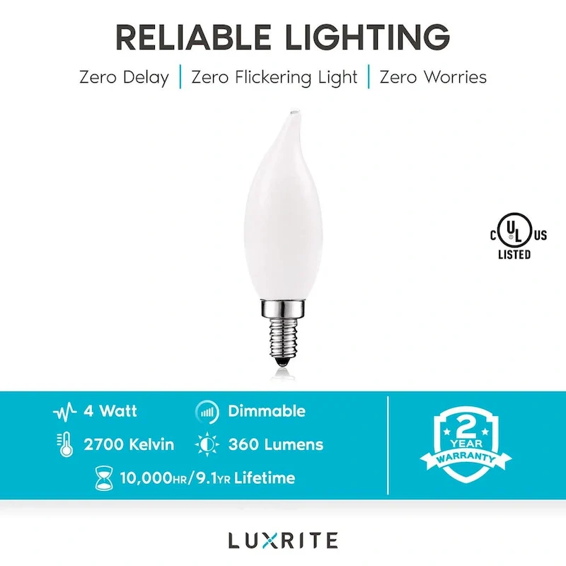 Luxrite 4W Frosted Candelabra LED Bulbs Dimmable, 2700K Warm White, 360 Lumens, 40W Equivalent, E12 Base (12 Pack)
