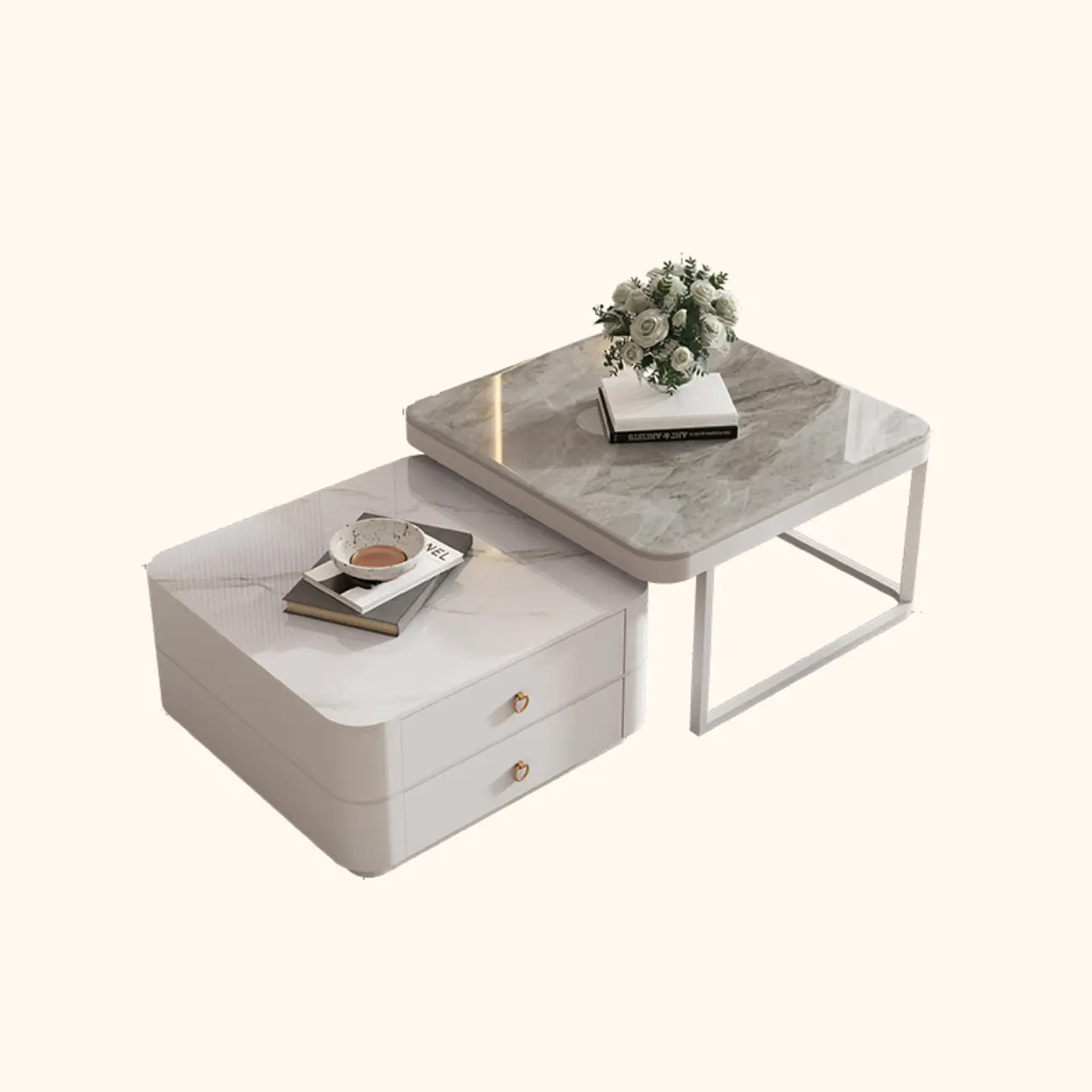 Modern Rectangular Marble Coffee Table Set with Drawers