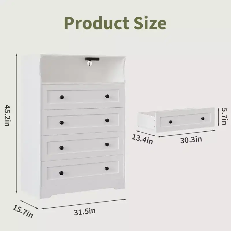 Dark Grey 4-Drawer Fabric Dresser with LED Lights & Charging Station