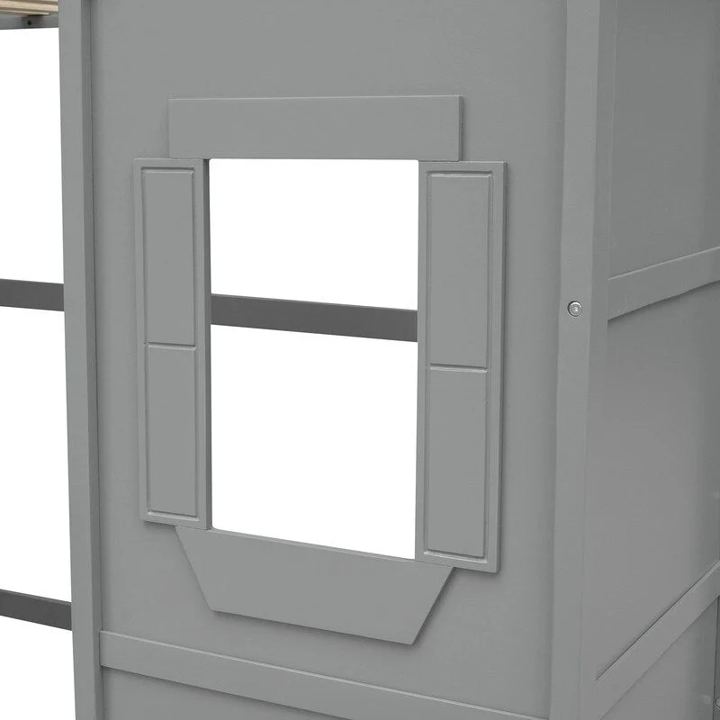 House Loft Bed Twin Kids Playhouse Bed, Solid Wood Loft Bed Frame with Window and Ladder