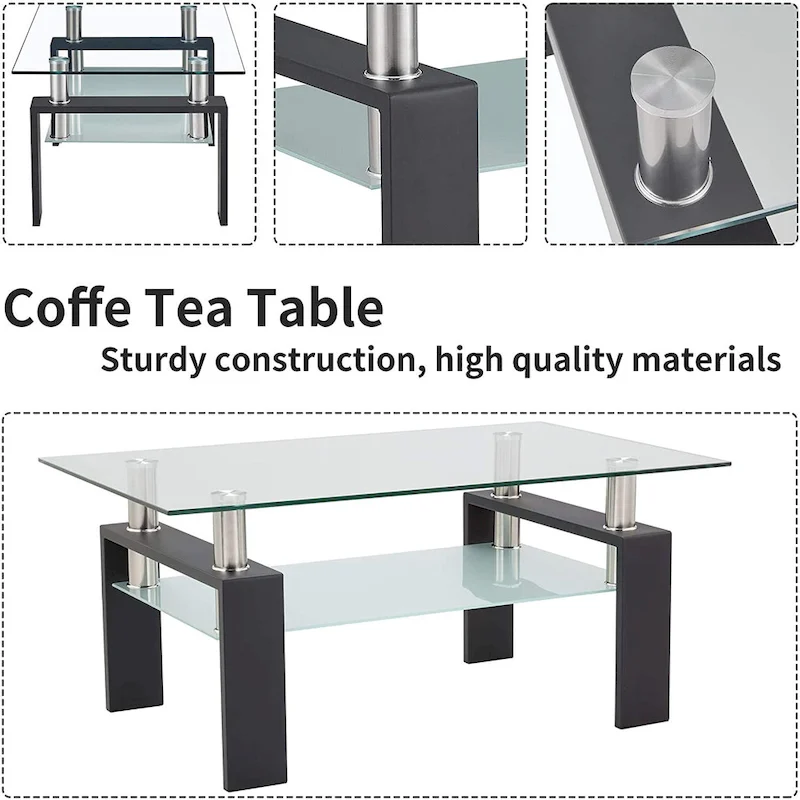 Rectangle Coffee Table Glass Tabletop with Lower Shelf