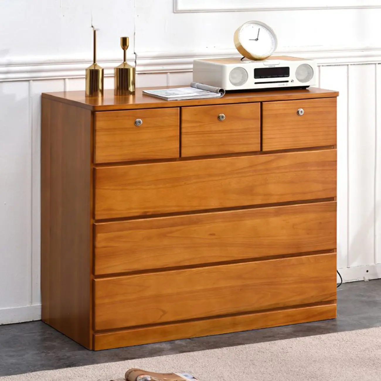 Modern Natural Wooden Double Dresser with 5-Drawers