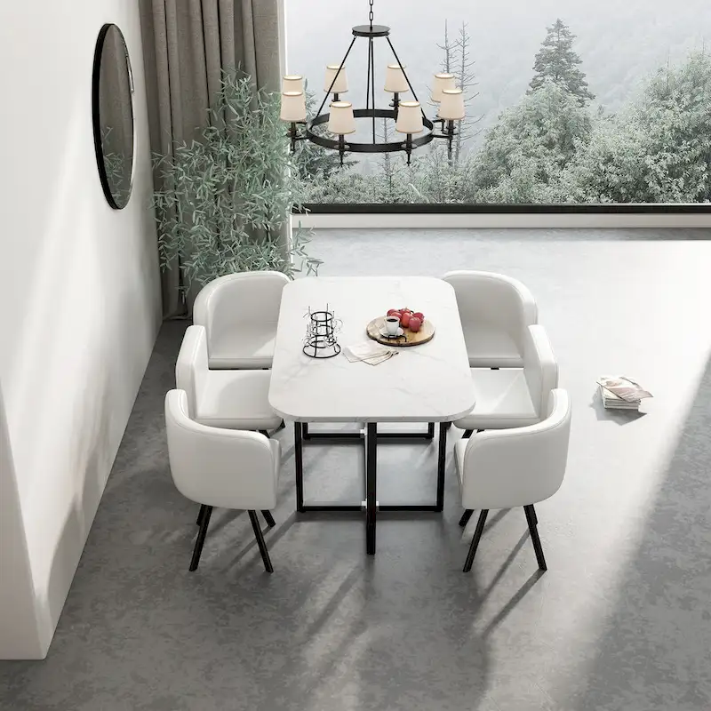Modern 7-Piece Dining Set with Rectangular Marble Table & 6 Upholstered Chairs