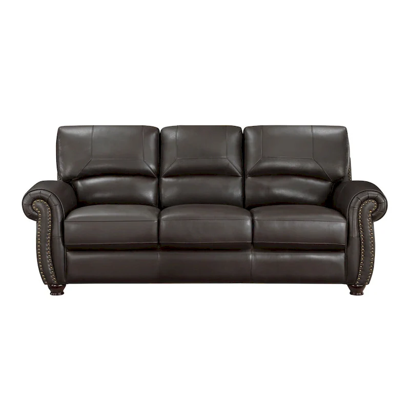 84 Inch Sofa, Dark Brown Top Grain and Faux Leather, Solid Wood