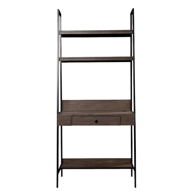 Ladder Desk - Gray Wood, 3 Shelves, 1 Drawer, Wireless Charger, Industrial, 33W x 75.25H