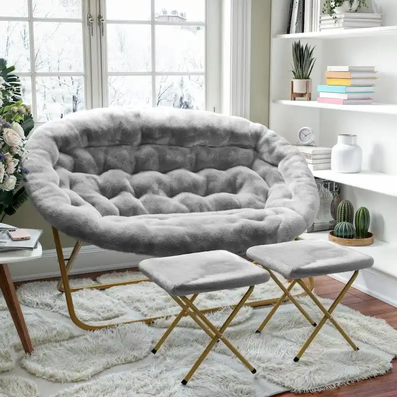 Double Folding Synthetic Fur Saucer Chair with 2 Ottomans