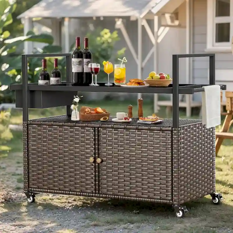 Outdoor Grill Cart Table with Wheels, Wicker Kitchen Island