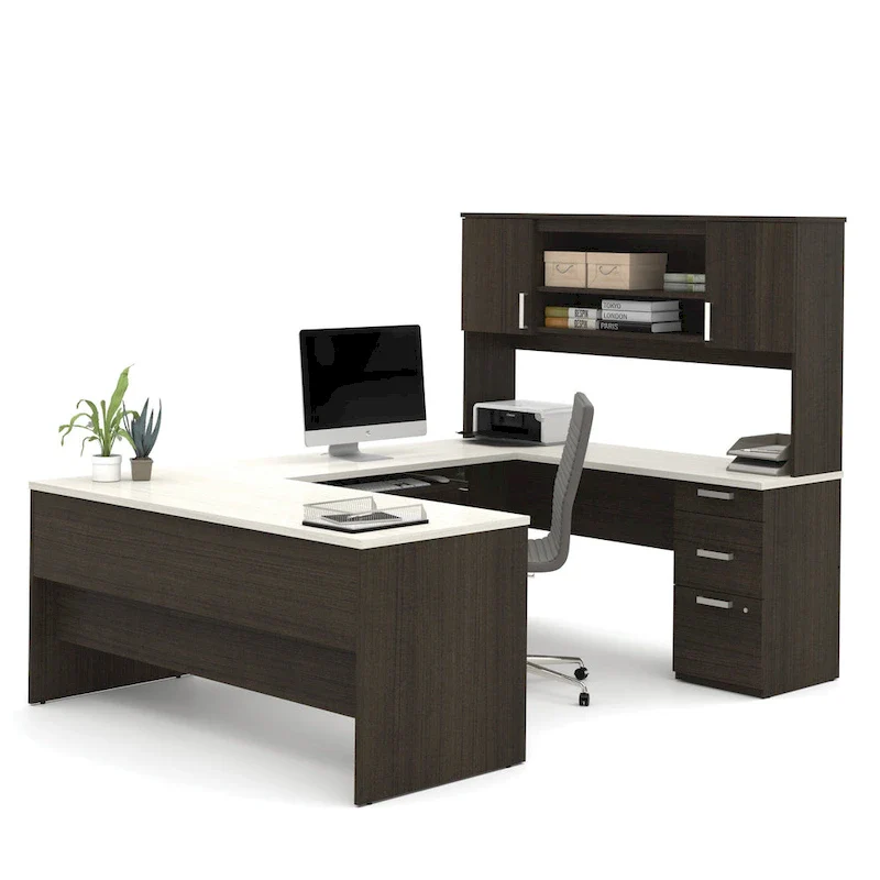 Ridgeley U-Shaped Office Desk with Cabinet and Hutch