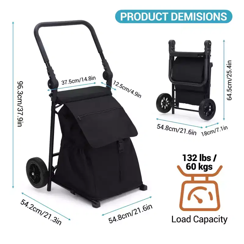 Black 2-in-1 Foldable Shopping Cart with Seat, 132 lbs, 1-Person