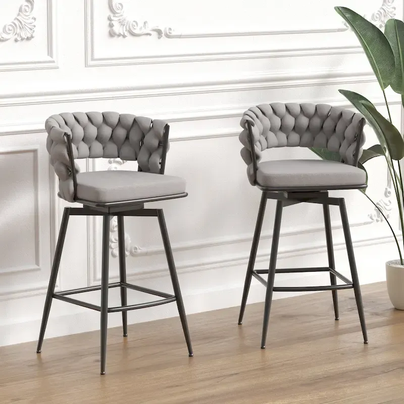 2 Woven Bar Stool,Black Legs No Adjustable Chairs,360 Swivel Upholstered Bar Chair Counter Stool Arm Chairs With Back Footrest