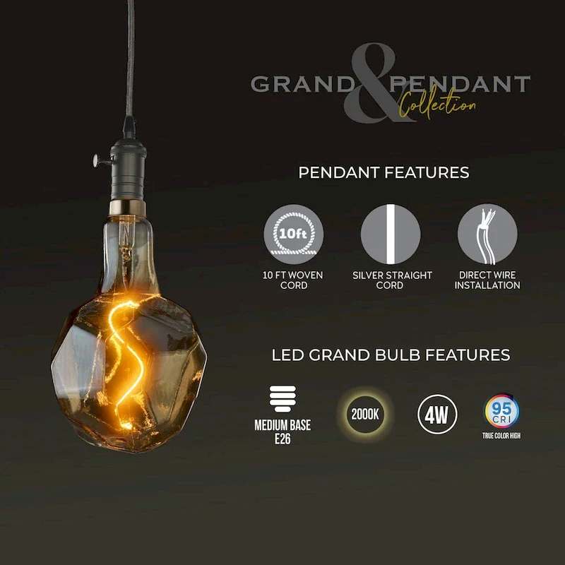 Bulbrite LED Grand Bulb and Pendant Kit of (1) 4 Watt Antique Glass 12  Jewel Shaped Bulb