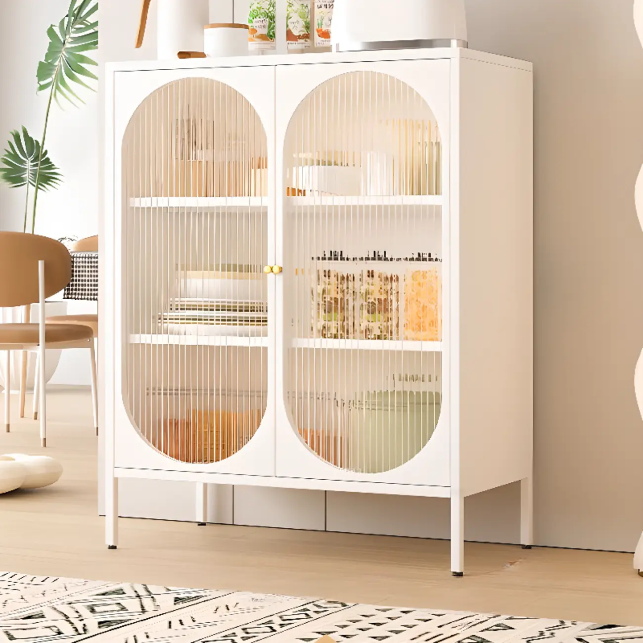 Freestanding Oval Glass Steel Sideboard Cabinet with Doors