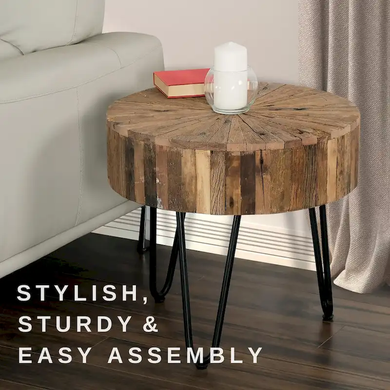 Sawyer 22 in. Round Reclaimed Wood Accent End Table with Black Hairpin Metal Legs