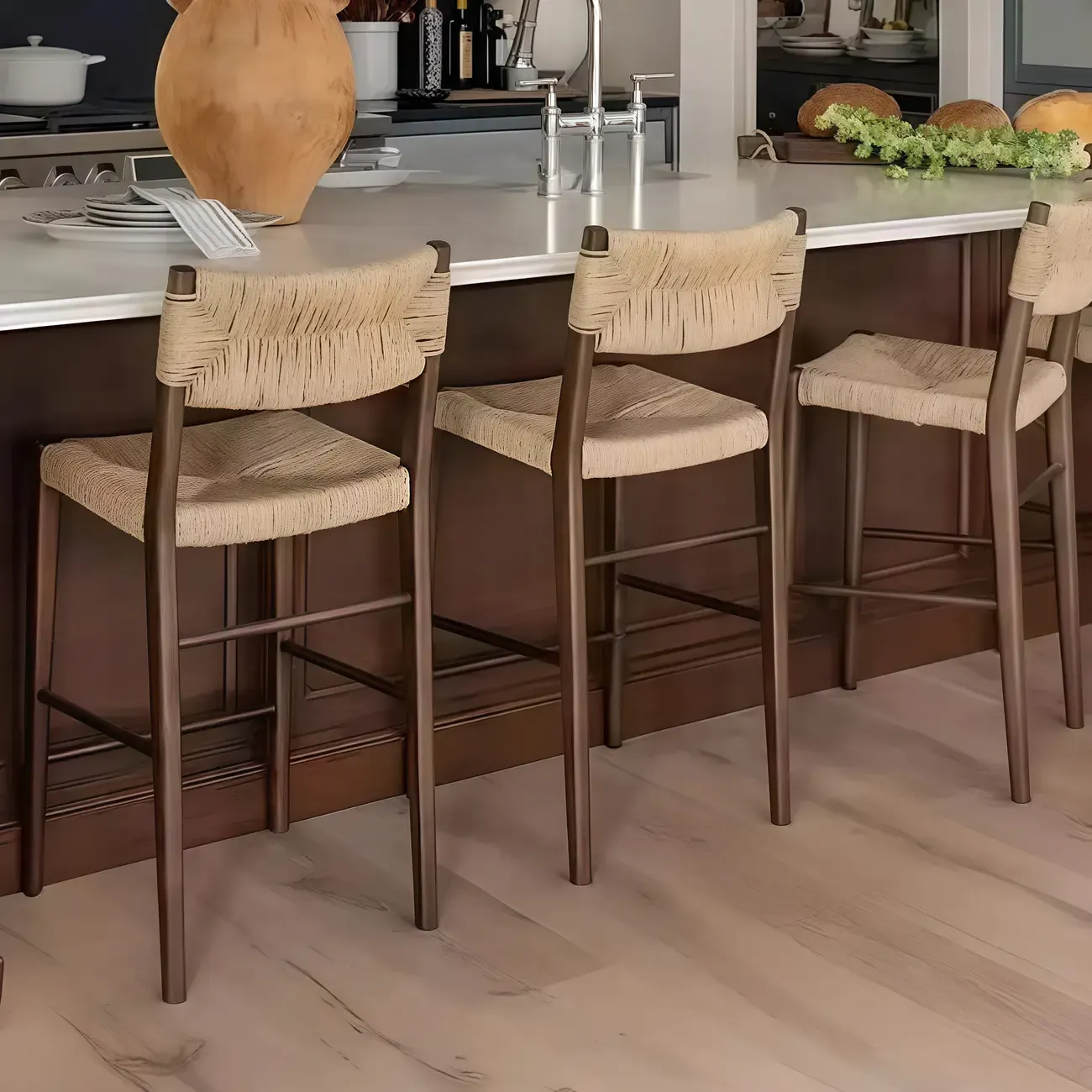 Natural Wood Woven Seat Low Back Bar Stools