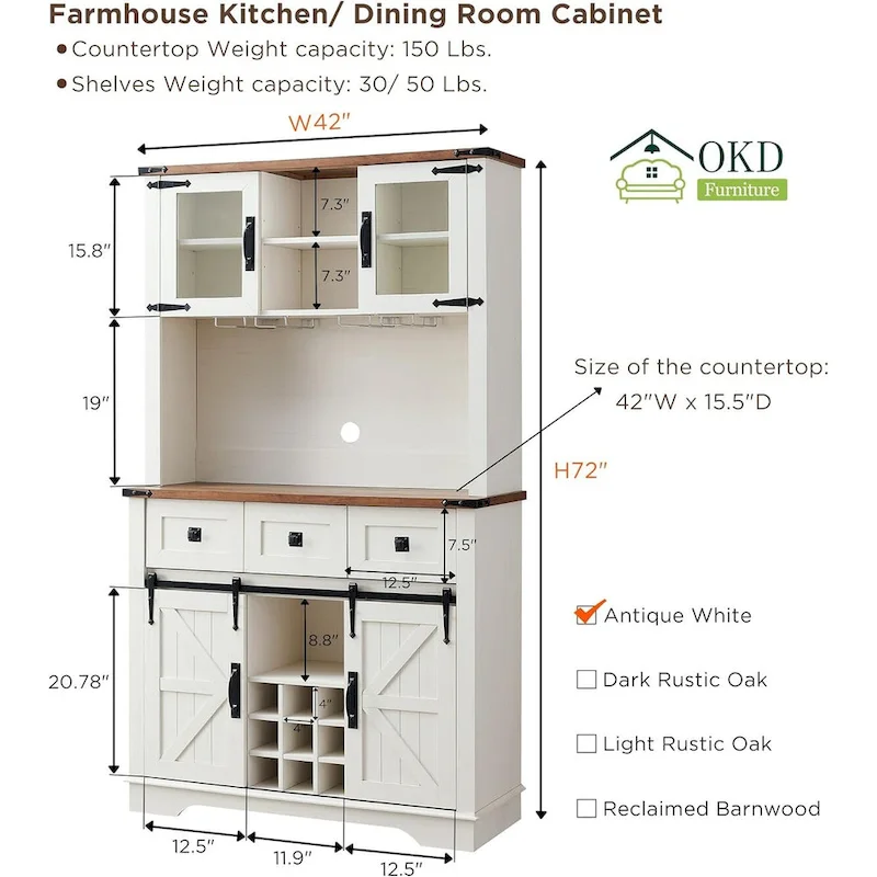 Farmhosue Bar Cabinet, Kitchen Buffet, Coffee Bar Sideboard Table - N/A