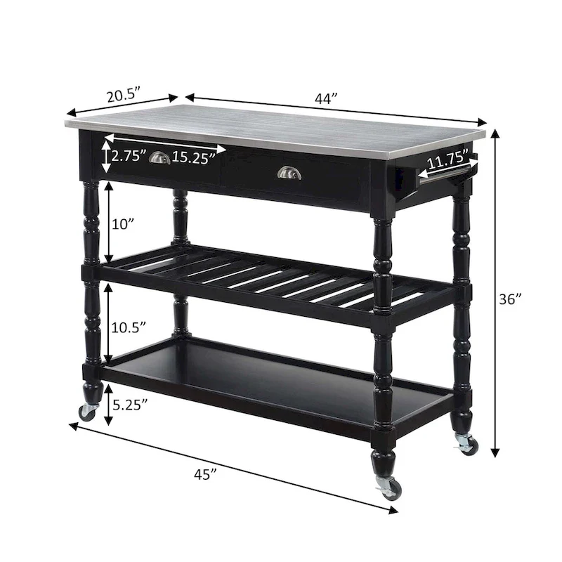 Convenience Concepts French Country 3 Tier Stainless Steel Kitchen Cart with Drawers