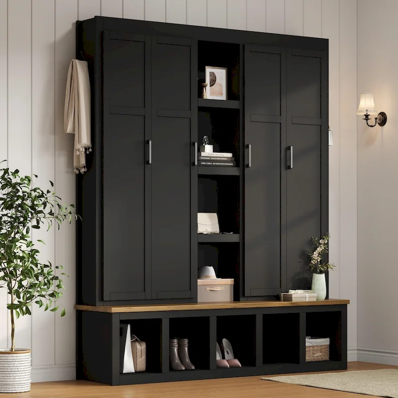Farmhouse-Style 4-in-1 Hall Tree with Mudroom Bench