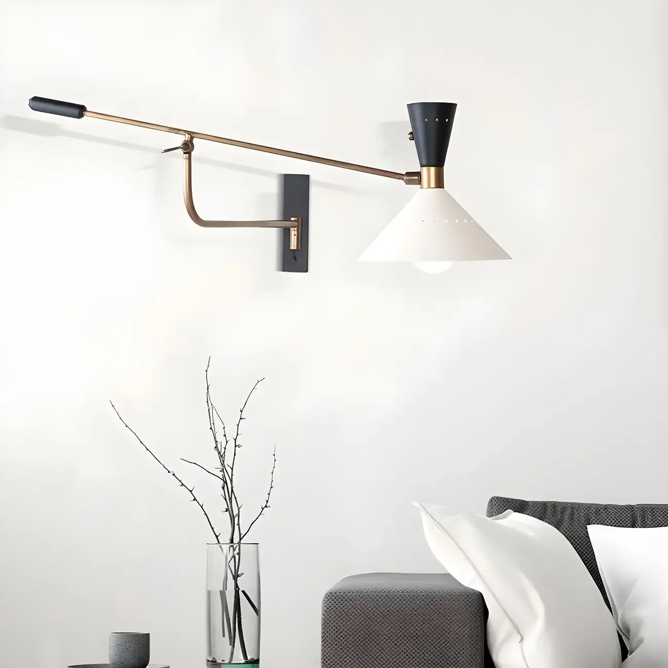 Modern Brass White Conical Arm Swing Wall Light