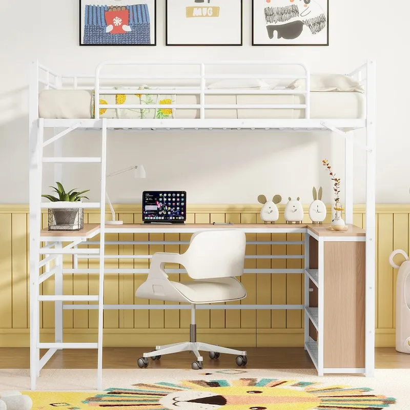 Metal Loft Bed with L-shaped Desk and 3 Layers of Shelves, Reversible Ladder