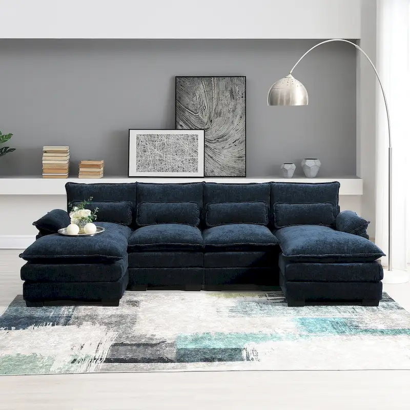 Blue Chenille 6-Seat Modular U-Shaped Sleeper Sectional Sofa with Chaise
