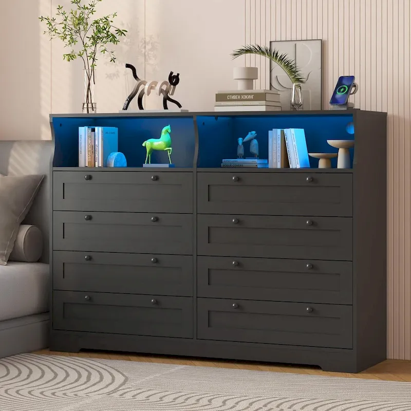 Modern Wood Dresser with 8 Drawers, Bedroom Dresser with Charging Station & LED Lights