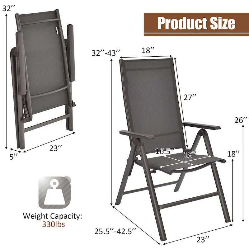 Costway 2PCS Patio Folding Dining Chairs Aluminium Adjustable Back - See details