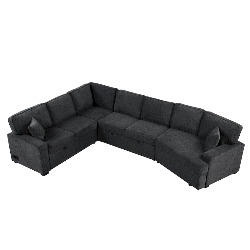 Black 126 L-Shaped 6-Seater Sofa with Pull-Out Bed and Cup Holders