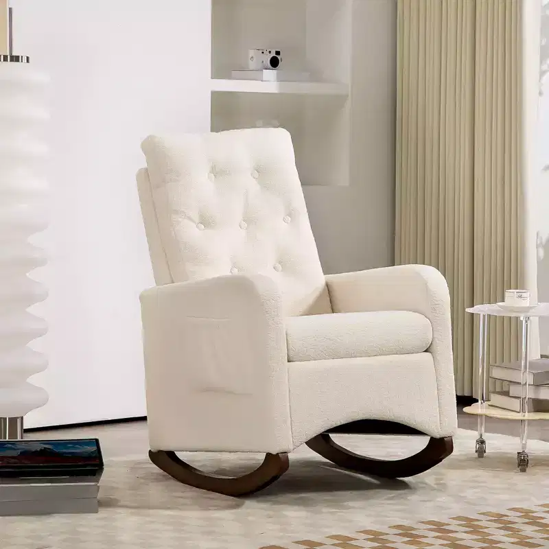 Upholstered Rocking Chair, Modern Wingback Accent Rocking Chair, Comfy Accent Armchair Chair, Rubber Wood Legs, High Backrest and Side Pocket