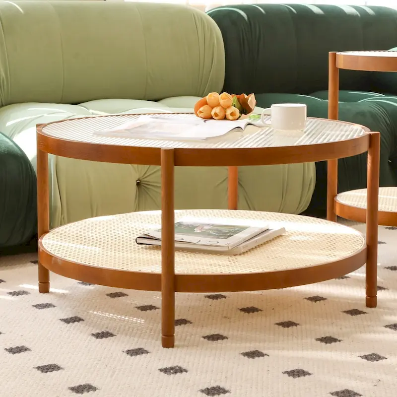 Modern Farmhouse Coffee Table Set Nesting Round Wooden Table Side Table Set