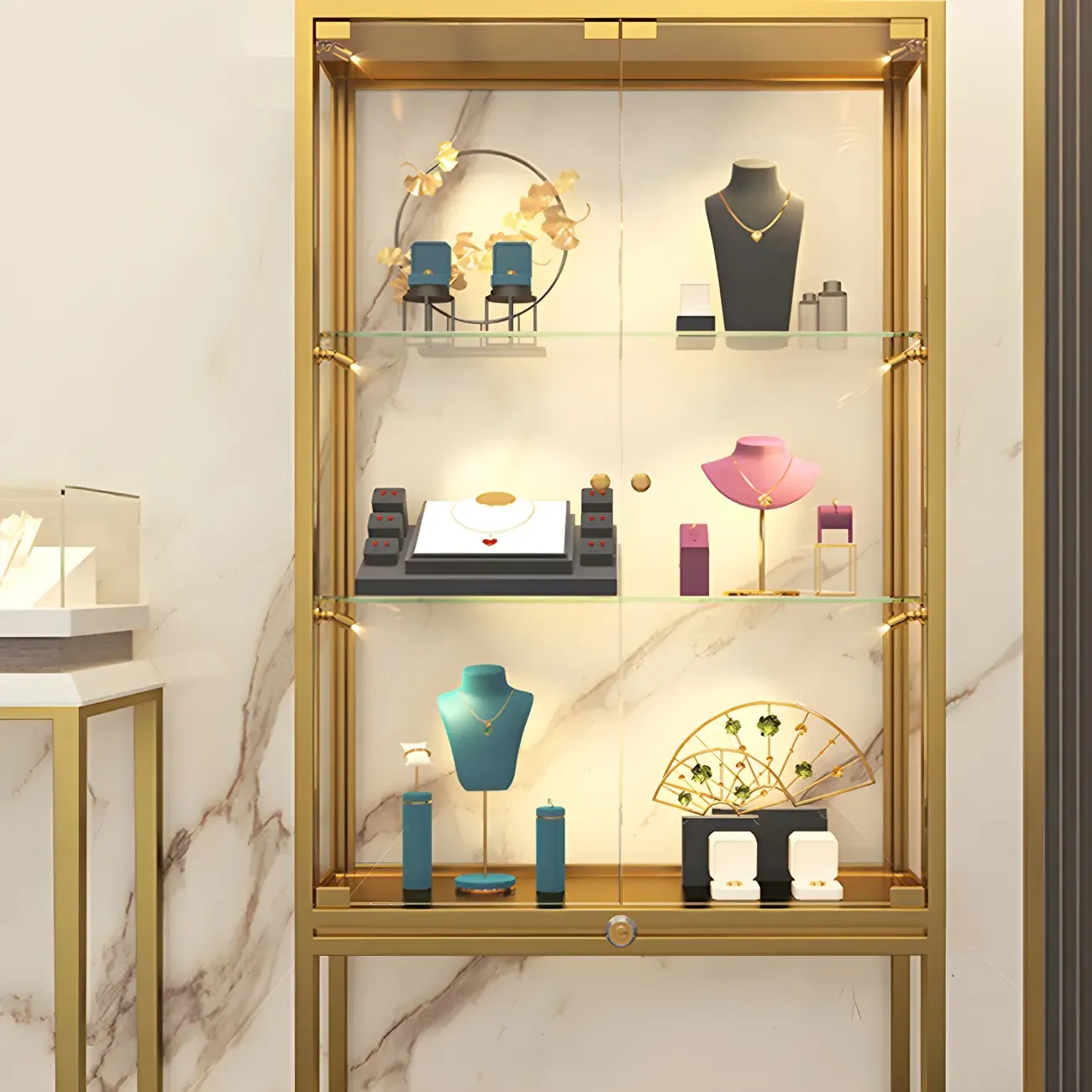 Glam Clear Glass Shelf Black Metal Frame Curio Cabinet