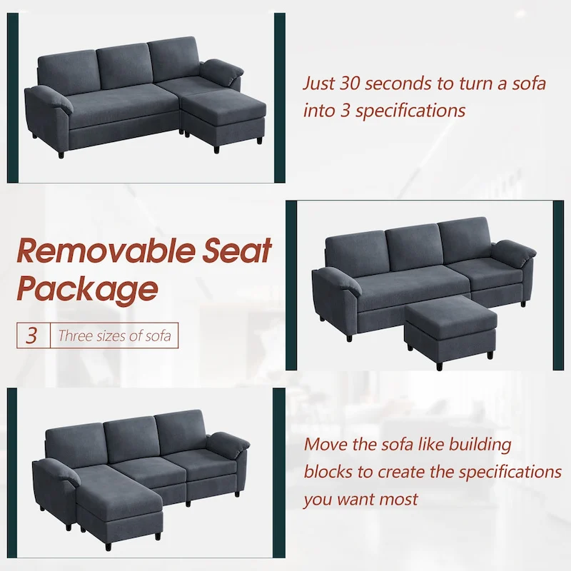Futzca Sectional Sofa Couch, 3 Seat L Shaped Sofa with Removable Pillows