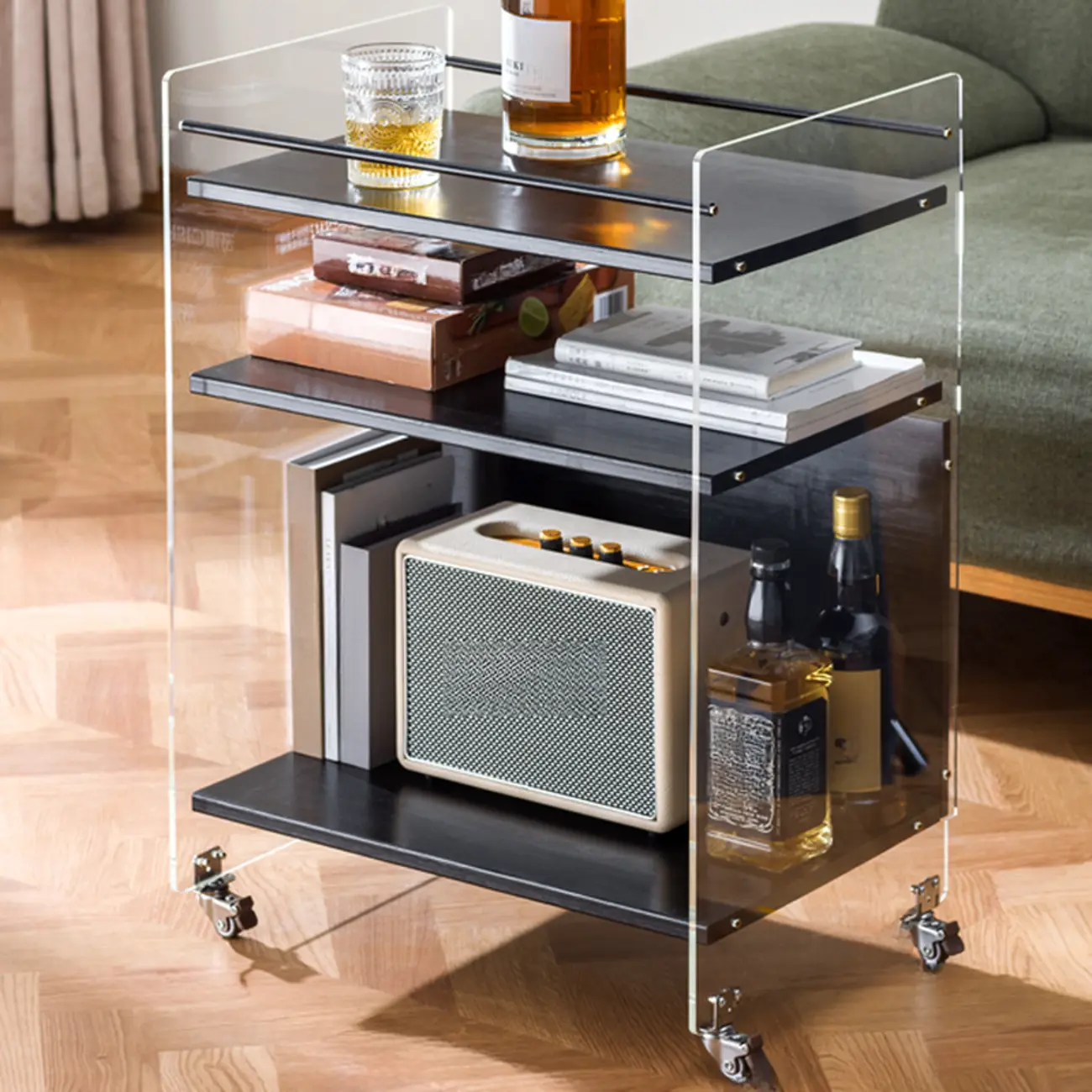 Trendy Moso Bamboo Acrylic 3-Shelf Side Table with Wheels