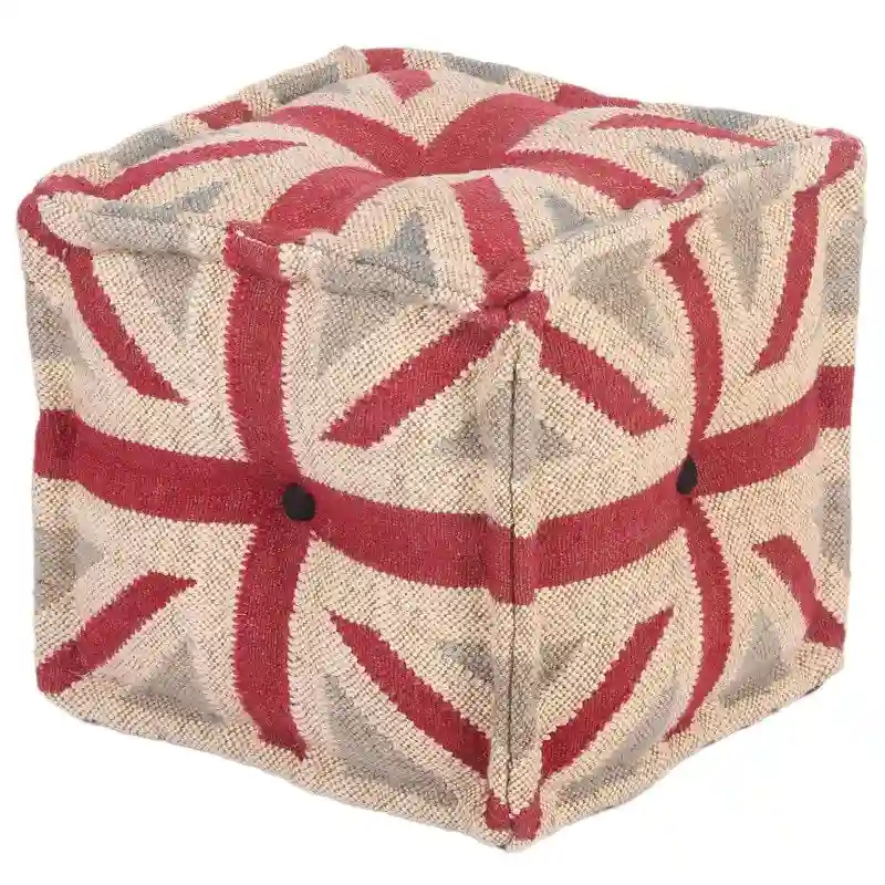 Kilim Handmade Upholstered Pouf Ottoman - 16x16x16 in, Beige/Grey/Red
