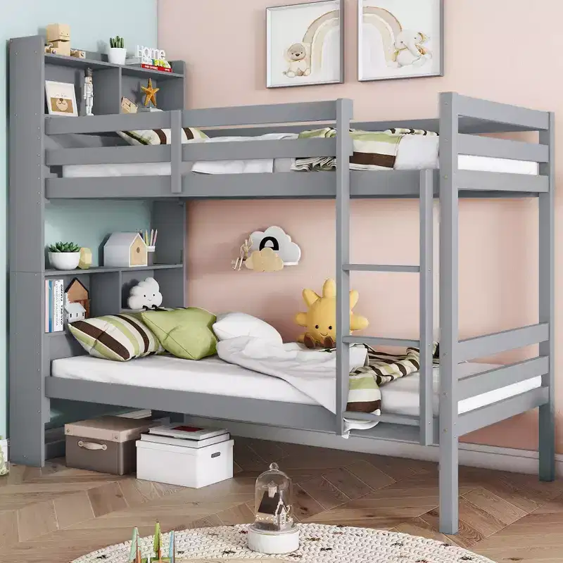 Okak Twin over Twin Bunk Bed with Storage Shelves, 2-In-1 Rubber Wood Kids Bunk Beds with Safety Guardrails and Ladder, Twin Bed for Bedroom