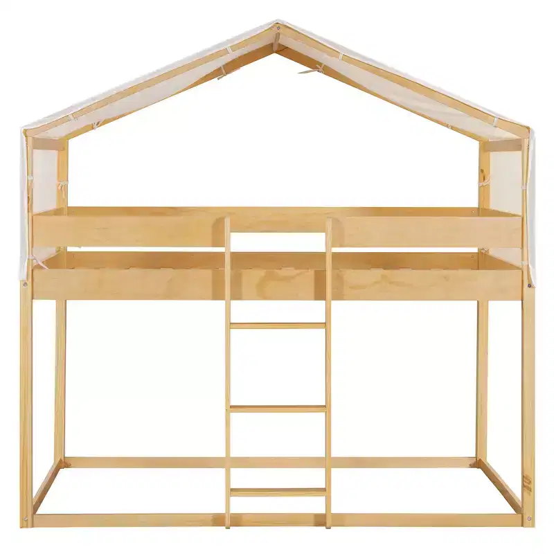 CLIHOME Rustic Twin Over Twin Wood Bunk Bed Frame with Tent and Ladder