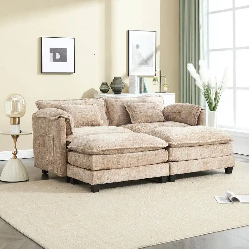 76.77  Chenille Upholstered Sofa with 2 Ottomans