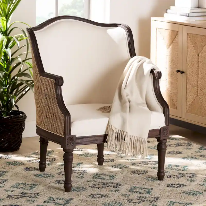 bali & pari Ornella Traditional French Beige Fabric and Dark Brown Finished Wood Accent Chair