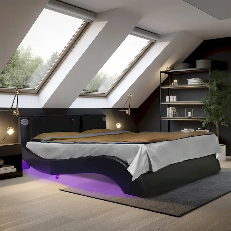 Queen Size Faux Leather Upholstered Platform Bed with LED Lighting and Wood Slat Support